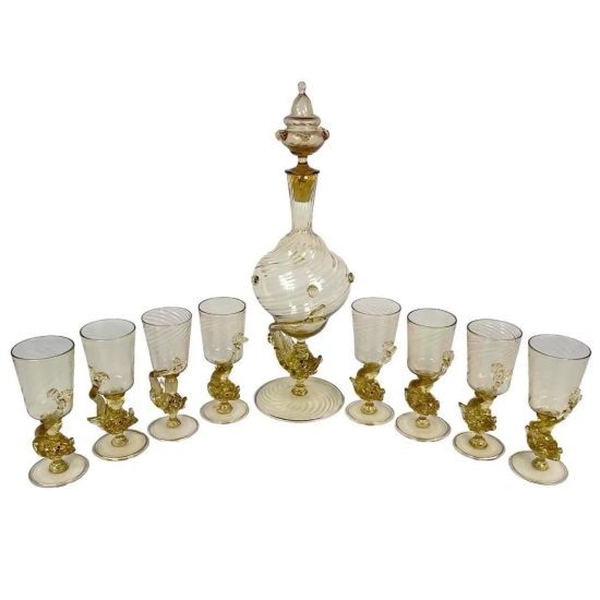 Salviati Dolphin Blown Glass Decanter Set