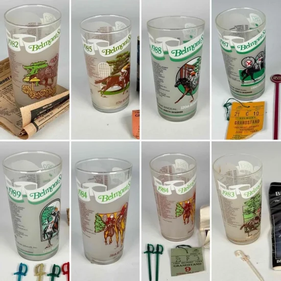 Lot 8 1980s Belmont Stakes Souvenir Horse Racing Glass Programs Ticket Stubs Etc